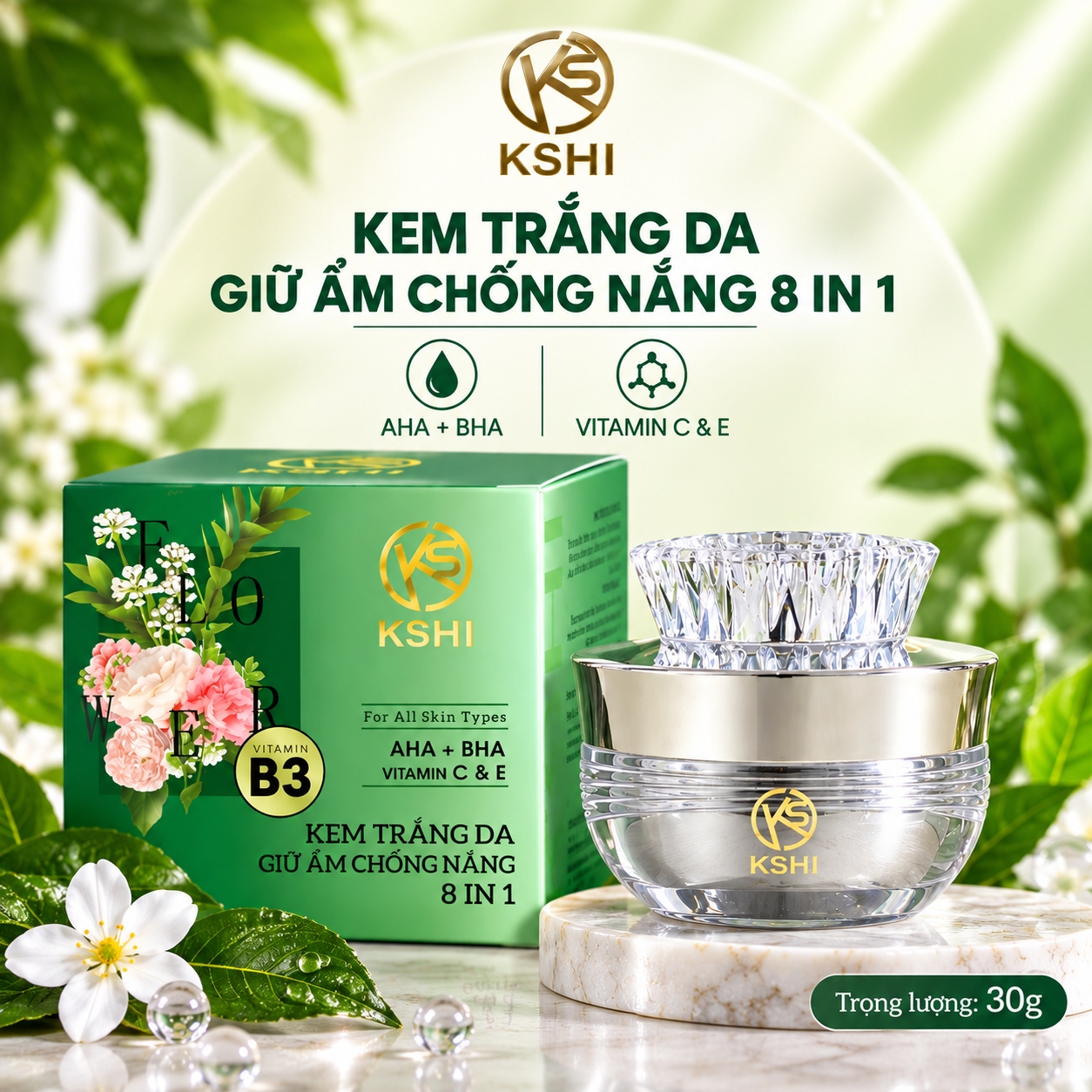 Kem Dưỡng Trắng Da, Giữ Ẩm, Chống Nắng 8 in 1 KSHI Vitamin B3 (30g)